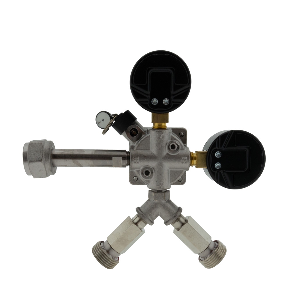 CO2-meter 0-6 bar werkdruk 7 bar 2 uitgangen 3/4 buitendraad met afsluitkranen