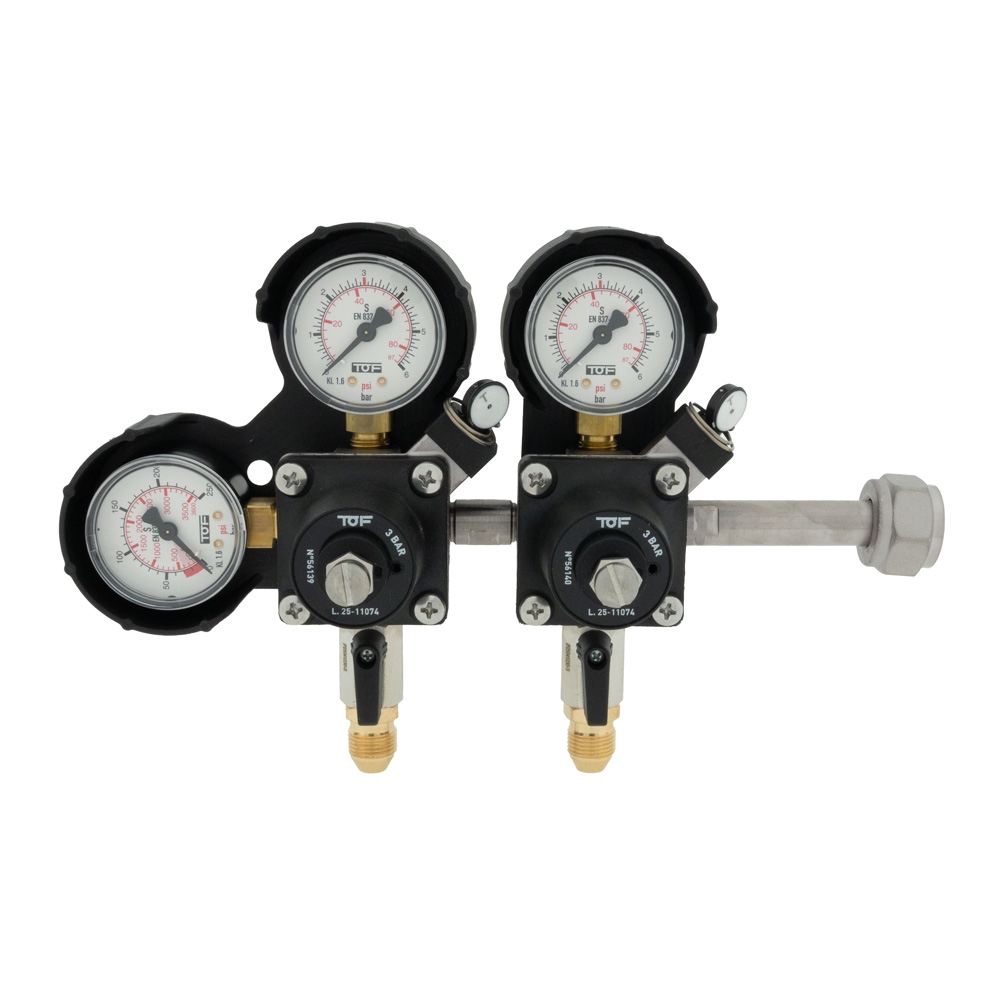 CO2-meter dubbele body 0-6 bar werkdruk 4 bar 2 uitgangen 3/8 Flare buitendraad afsluitkranen