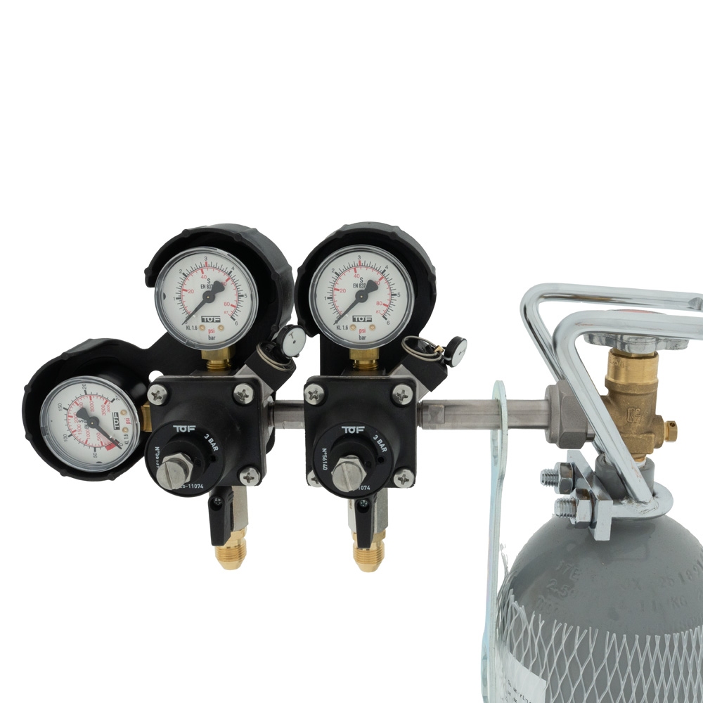 CO2-meter dubbele body 0-6 bar werkdruk 4 bar 2 uitgangen 3/8 Flare buitendraad afsluitkranen