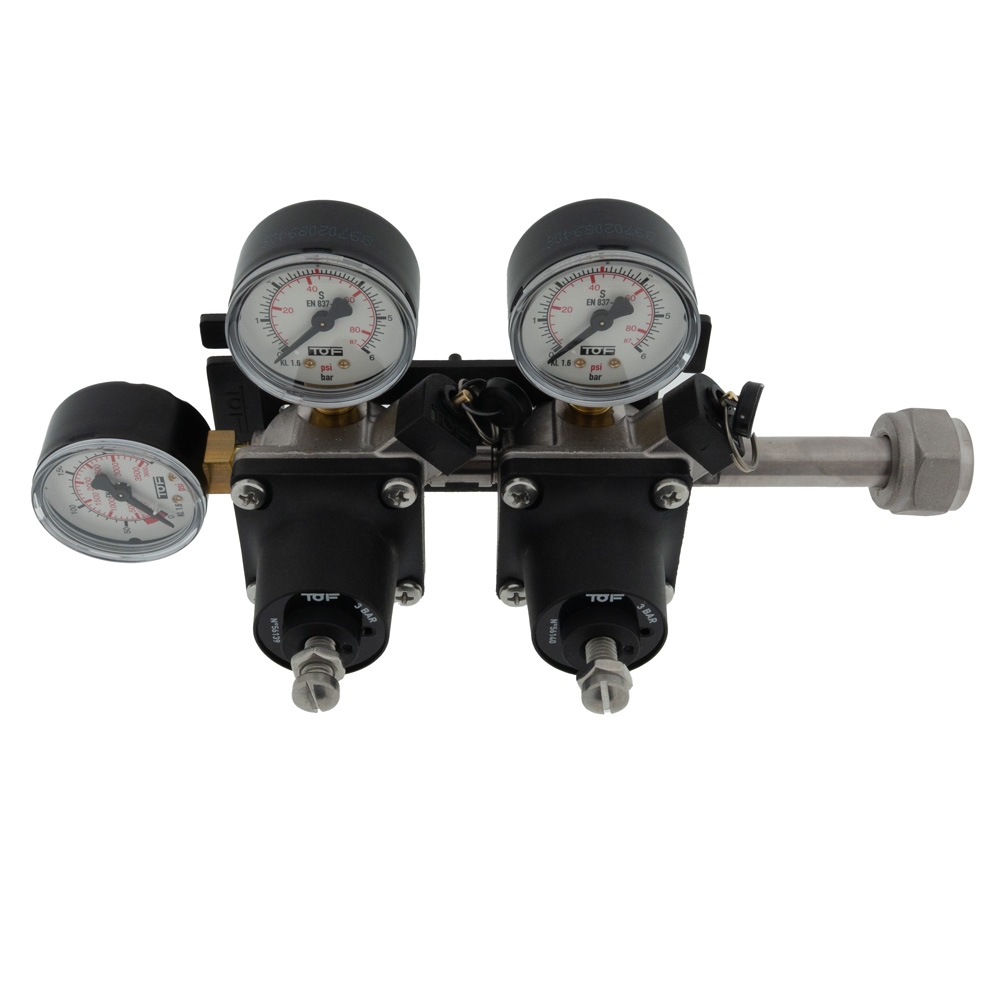 CO2-meter dubbele body 0-6 bar werkdruk 4 bar 2 uitgangen 3/8 Flare buitendraad afsluitkranen
