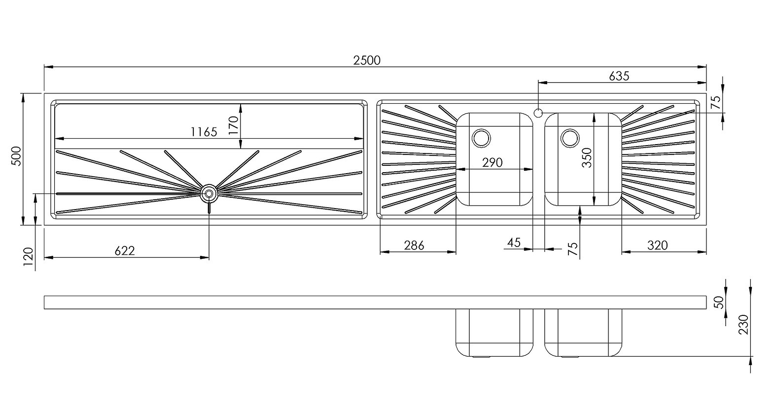 RVS buffetlekblad half gegleufd 250 x 50 x 5 cm 2 spoelbakken links