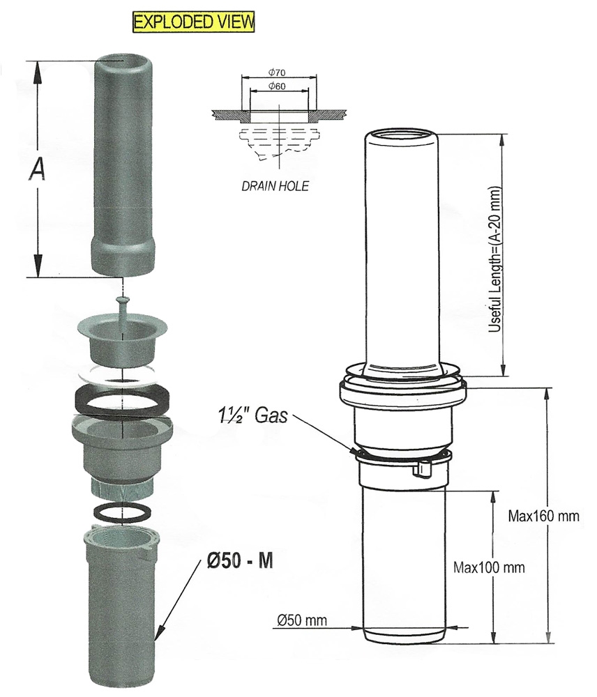Standbuis 170 mm met afvoerplug 50 mm
